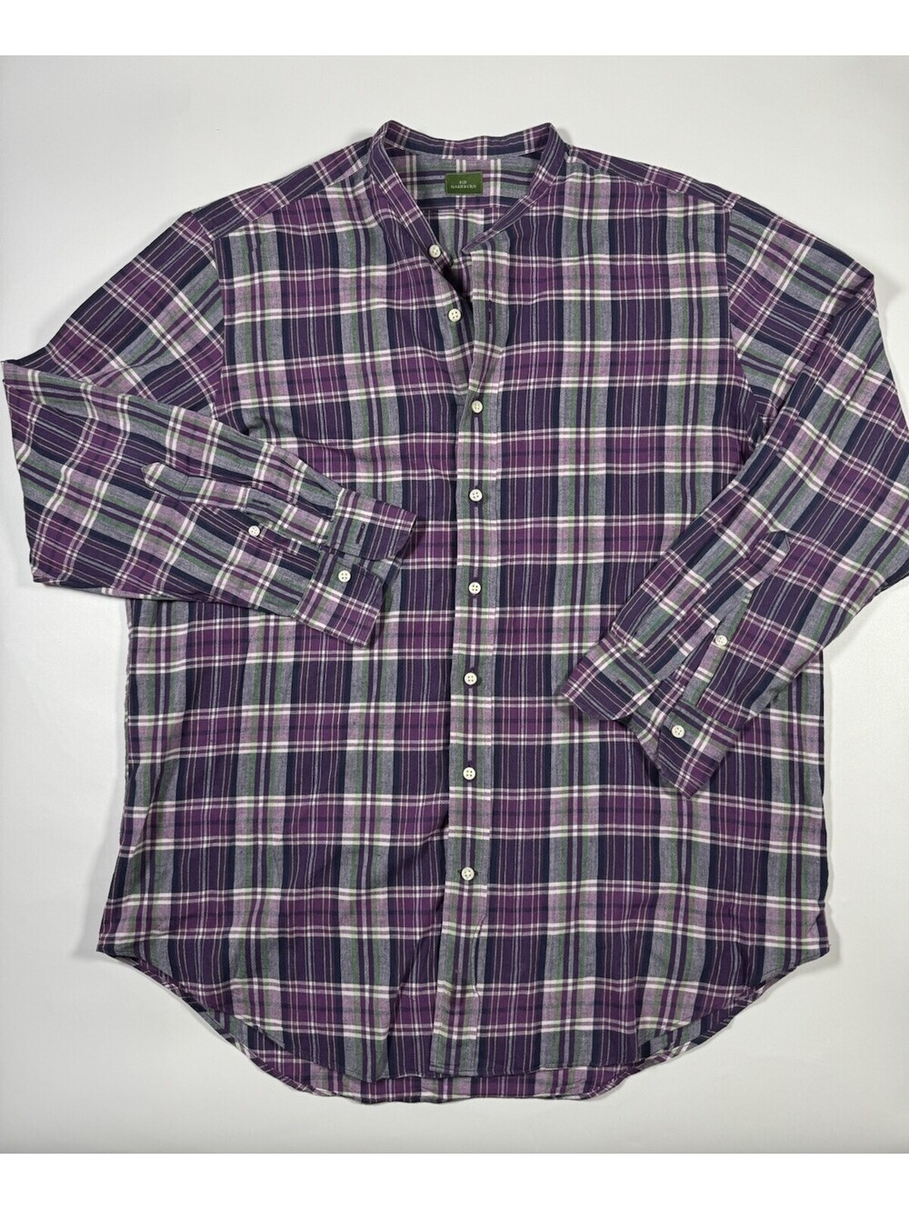 Sid Mashburn Mens XL Madras Plaid Band Collar Shirt Purple Gray Cotton